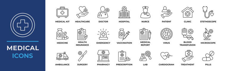 Medical Line Icon Collection Set. Containing doctor, medicine, hospital, treatment, healthcare, nurse, pills, clinic and more. Simple Line Vector Illustration.

