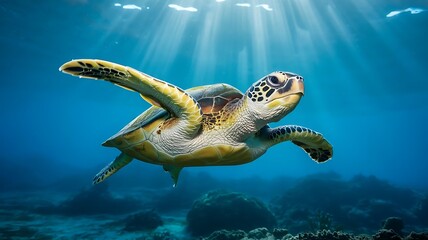 Obraz premium A majestic sea turtle gracefully glides through the crystalclear ocean waters, bathed in the radiant sunlight