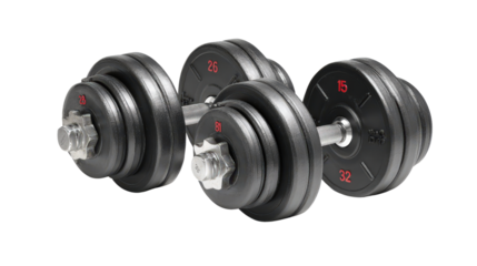 Adjustable dumbbells with weight markings, background isolated on a Transparent background, PNG file.