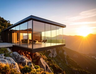 Stunning modern glass house, an architectural marvel cantilevered over a mountain cliff during a dramatic golden hour sunset.

