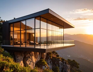 Stunning modern glass house, an architectural marvel cantilevered over a mountain cliff during a dramatic golden hour sunset.

