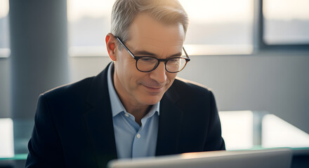 Professional Middle-Aged Man Wearing Glasses Working on Laptop in Bright Office