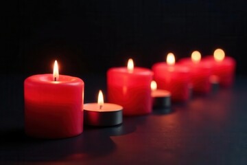 Several lit candles arranged aesthetically on black surface, shadow play, illumination, candlesticks