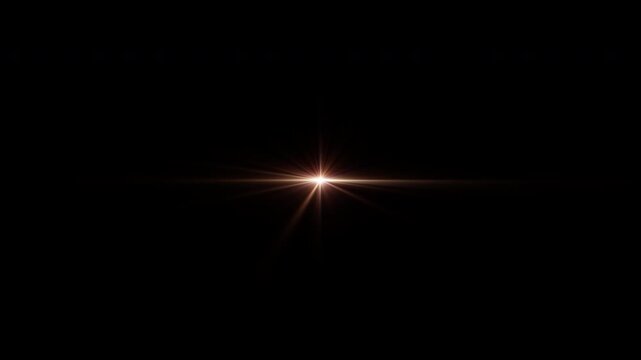 Abstract loop center gold star optical shine light lens flares flickering rotation animation on black background for screen project overlay. 4K seamless loop dynamic kinetic bright star light rays eff