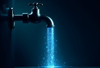 Conceptual Faucet Flowing with Glowing Blue Digital Stream