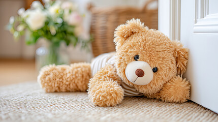 Adorable Light Brown Teddy Bear Resting On Beige Carpet