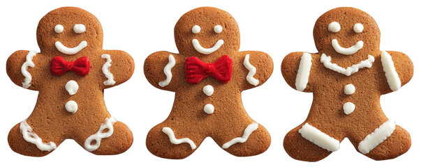 Trio of classic gingerbread men cookies with festive icing decorations for the Christmas holidays isolated on a white background.