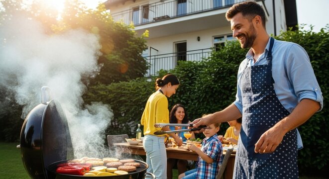 A smiling man grilling food on a barbecue with family gathered around a table in a sunny backyard.