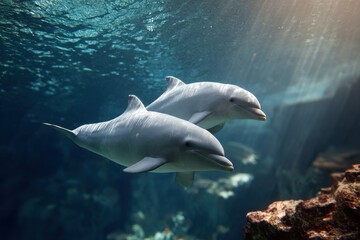 Fototapeta premium beautiful underwater scene showcasing variety of aquatic mammals including playful dolphins and gentle manatees