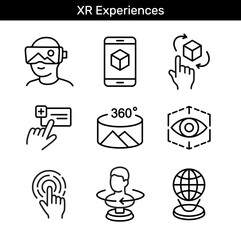XR experiences outline icon set with AR, VR, 3D interaction, panoramic view, touch and eye tracking