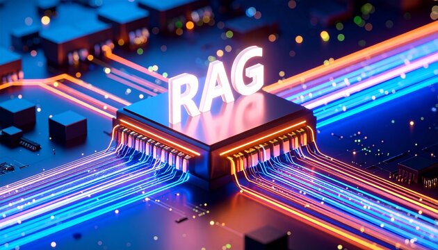 3D concept of RAG pipeline into AI chip with glowing documents, rendered in cyberpunk tones and glowing "RAG" text. Retrieval Augmented Generation