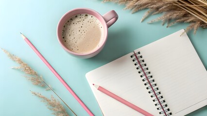 Cozy morning coffee and journaling with dried flowers on pastel background