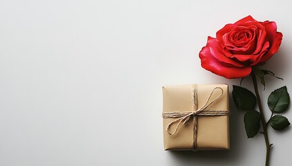 A red rose and wrapped gift box on a white background symbolize love and celebration