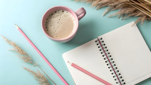 Cozy morning coffee and journaling with dried flowers on pastel background