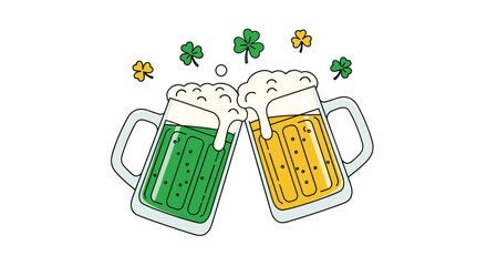 Cheers to saint patricks day celebration with frothy green and golden beer mugs surrounded by lucky shamrocks and scattered gold coins