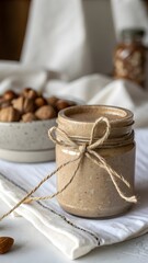 Homemade almond butter in a jar tied with twine with almonds in background