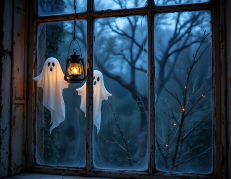 Haunting ghostly figures in vintage window abandoned house mysterious atmosphere nighttime eerie serenity