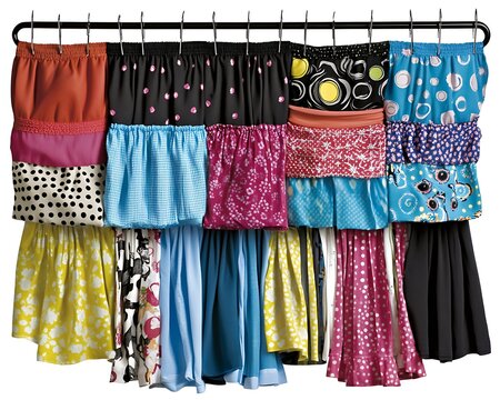 A variety of colorful skirts hanging on a metal clothing rack