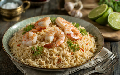 National dishes of Bahrain - Masli - rice cooked with shrimp.