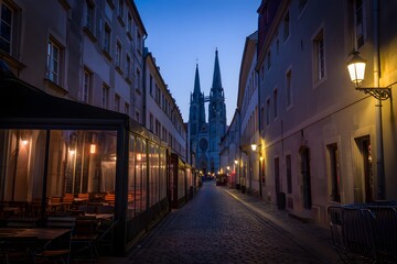 Romantic Outdoor Cafe Glowing at Dusk Amid Historic Architecture