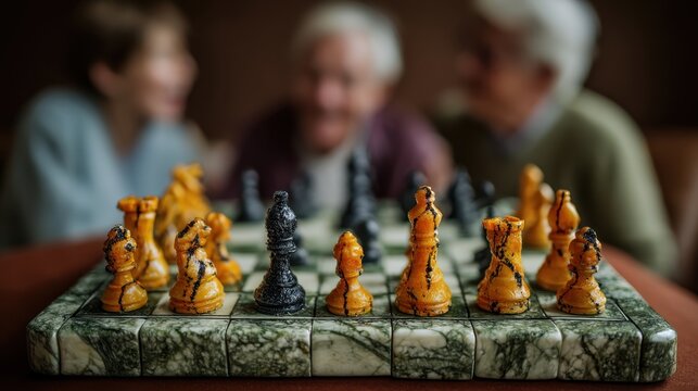 Elderly friends enjoy a game of chess together.