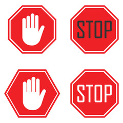 Red stop hand sign, Caution warning signs set. Traffic regulatory warning stop symbol. Vector illustration. 