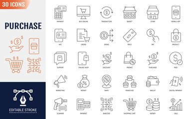 Purchase line editable Icons set. Containing icons: Order, seller, buy online, price, and more. Vector illustration