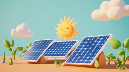 Cartoon solar panels in sunny landscape
