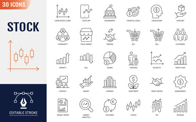 Stock Line Editable Icons set. Containing currency exchange, trading, profit, shareholder, types of markets and charts. Vector illustration
