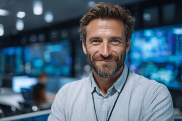 security management specialist smiling into the camera in a modern office or control room, digital security dashboards or surveillance monitors in the background, 16:9
