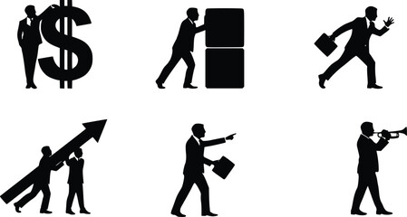 Collection of six silhouettes depicting business themes: finance, briefcase, running, growth, travel, and celebration
