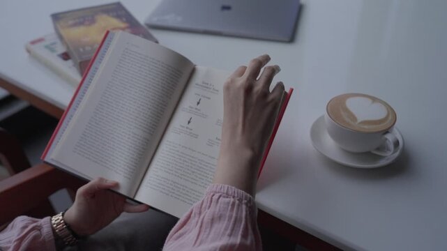 Person flips through an open book beside a cappuccino and a closed laptop on the table