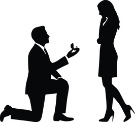 Silhouette of man kneeling and proposing marriage to woman in romantic scene
