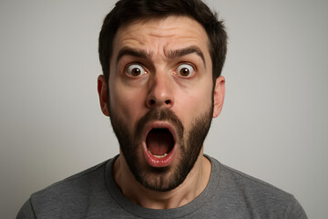 A startled man with wide eyes and open mouth, expressing shock or surprise.
