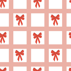 Simple seamless pattern with bows and stripes. Checkered pattern. Hand drawn Coquette bows, ribbons in modern style. Perfect for fabric, textiles, packaging or wrapping paper