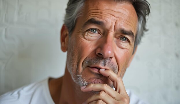 A man with a contemplative expression, resting his chin on his hand.