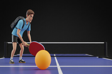 サーブする女子大学生ミニキャラの卓球イラスト（中央余白・透過PNG）