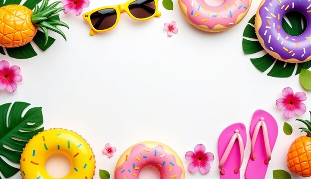 Colorful donuts, flip-flops, sunglasses, and tropical leaves arranged on a white background.