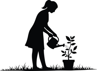Silhouette of a girl holding a watering can and caring for a small plant, side profile view