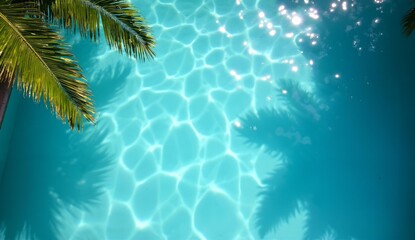 Clear blue pool water with sunlight reflections and palm tree shadows