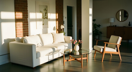 Modern Bright Living Room with White Sofa and Wooden Chair in Sunlight