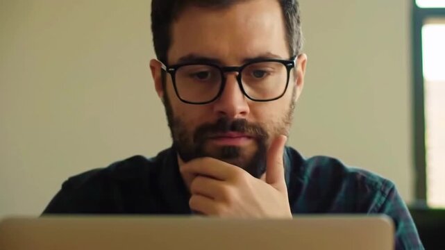 Thoughtful Caucasian guy hipster using laptop computer buying goods online at home male freelancer entrepreneur thinking decide solution man consumer typing pc web user broker programming remote job