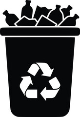 Silhouette of a recycling bin with universal recycle symbol and recyclable waste inside