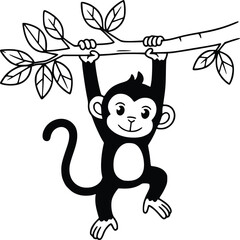 A cheerful monkey gripping a branch with expressive face and natural details in black and white
