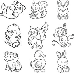 Cute Baby Animals Coloring Pages - Adorable Animal Characters Line Art for Kids Coloring Book