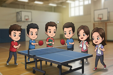 ピンポン球を拾う男子大学生ミニキャラのイラスト（中央余白・透過PNG）