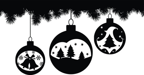 Silhouette of three hanging Christmas ornaments with festive patterns on evergreen branch