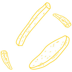 A simple and charming doodle-style illustration of French fries. The design features hand-drawn potato fry pieces in clean yellow outlines, perfect for fast food packaging, snack branding, children’s 