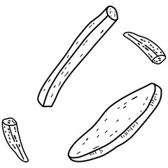 A simple and charming doodle-style illustration of French fries. The design features hand-drawn potato fry pieces in clean black outlines, perfect for fast food packaging, snack branding, children’s 