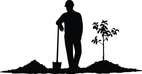 Silhouette illustration of gardener wearing hard hat and holding shovel near young tree in nature setting